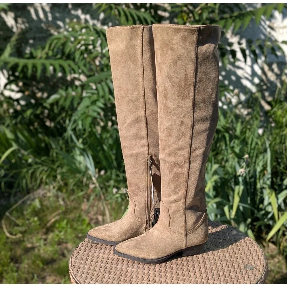 Coastal Cowgirl Western Over the Knee Taupe Boots Time & Tru Faux Suede Sz 6 NWT